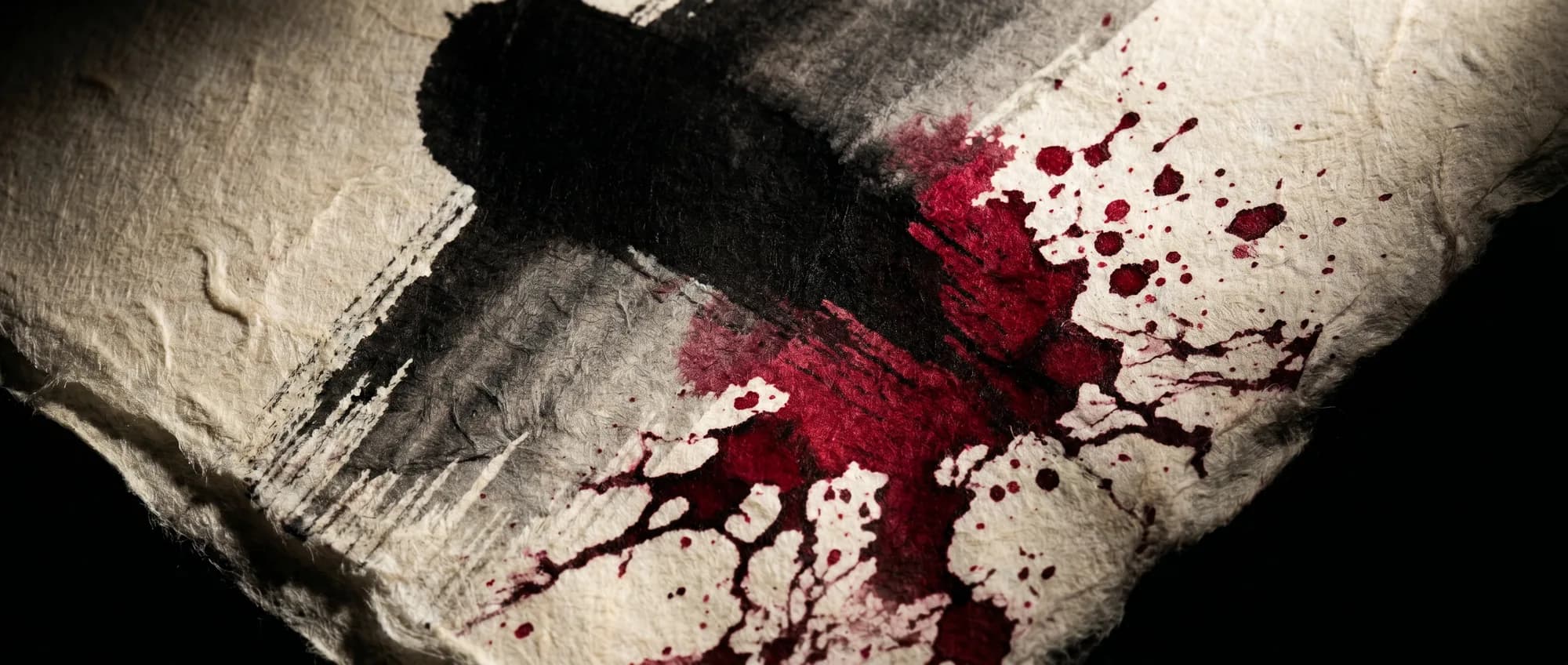Sumi ink brushstroke and vermilion red splatter on washi paper